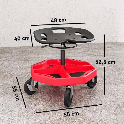 Taburete de Taller Móvil con Bandeja Magnética Ruedas Altura Ajustable de 52–59,5 cm Carga 135 kg para Garaje Rojo [1]