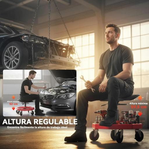 Taburete de Taller Móvil con Bandeja Magnética Ruedas Altura Ajustable de 52–59,5 cm Carga 135 kg para Garaje Rojo [3]