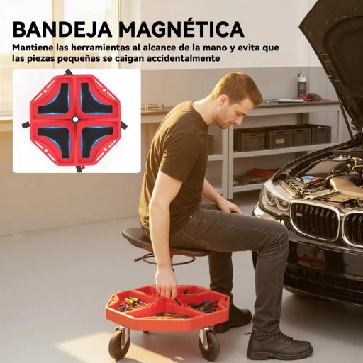 Taburete de Taller Móvil con Bandeja Magnética Ruedas Altura Ajustable de 52–59,5 cm Carga 135 kg para Garaje Rojo [4]