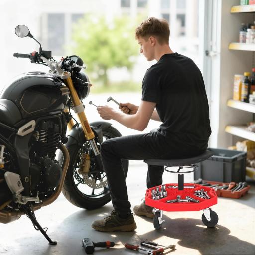 Taburete de Taller Móvil con Bandeja Magnética Ruedas Altura Ajustable de 52–59,5 cm Carga 135 kg para Garaje Rojo [7]