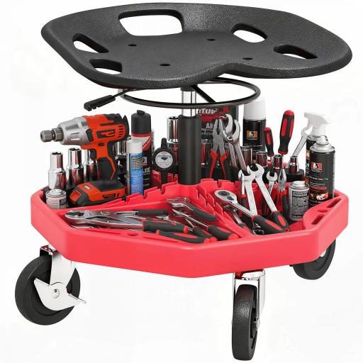 Taburete de Taller Móvil con Bandeja Magnética Ruedas Altura Ajustable de 52–59,5 cm Carga 135 kg para Garaje Rojo [8]