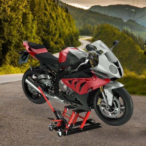 Gato Hidráulico de Motocicletas Soporte 680 kg Elevador ATV para Garaje Pista Altura Ajustable 24-36 cm con Plataforma Almohadilla Antideslizante de Alta Resistencia 110x36x67 cm Negro y Rojo