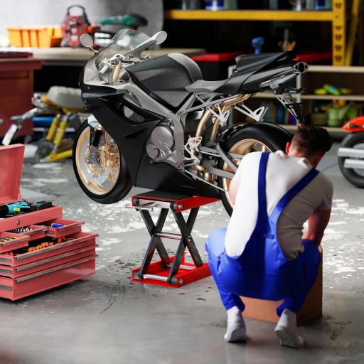 Plataforma Elevadora de Tijera Carga 500 kg Altura Ajustable 10-37 cm Soporte para Motocicletas Soporte de Moto para Aparcar o Reparar Taller Garaje 41,5x23,5x10-37 cm Negro y Rojo [5]