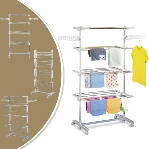 Tendedero de Ropa Plegable 80x55x172 cm con 6 Ruedas y 4 Estantes con Altura Regulable de Acero Inoxidable Plateado [5]