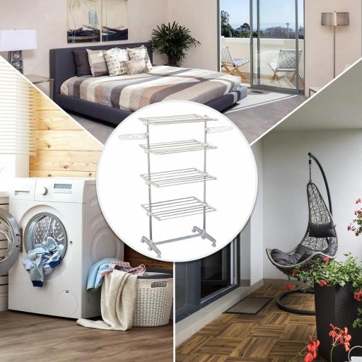 Tendedero de Ropa Plegable 80x55x172 cm con 6 Ruedas y 4 Estantes con Altura Regulable de Acero Inoxidable Plateado [6]