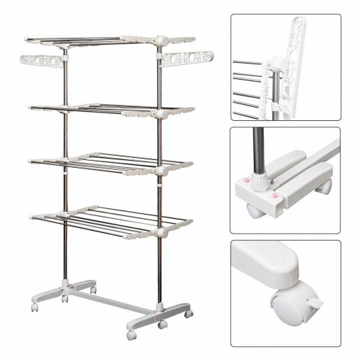 Tendedero de Ropa Plegable 80x55x172 cm con 6 Ruedas y 4 Estantes con Altura Regulable de Acero Inoxidable Plateado [7]