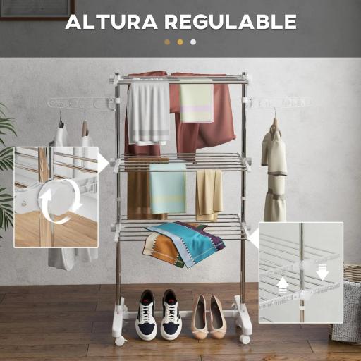 Tendedero Vertical Plegable Tendedero de Ropa con 6 Ruedas 2 Laterales Abatibles Estantes Ajustables y Marco de Acero Inoxidable para Interior y Exterior Plata [4]