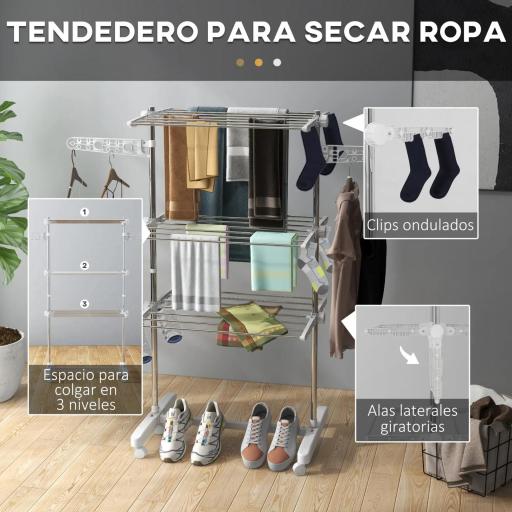 Tendedero Vertical Plegable Tendedero de Ropa con 6 Ruedas 2 Laterales Abatibles Estantes Ajustables y Marco de Acero Inoxidable para Interior y Exterior Plata [5]