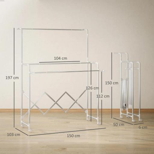 Tendedero Plegable de 3 Niveles Tendedero de Acero Inoxidable con 3 Barras Ajustables y Extensibles 4 Ruedas Plata [1]