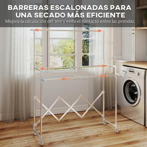 Tendedero Plegable de 3 Niveles Tendedero de Acero Inoxidable con 3 Barras Ajustables y Extensibles 4 Ruedas Plata [4]