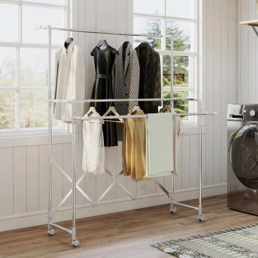 Tendedero Plegable de 3 Niveles Tendedero de Acero Inoxidable con 3 Barras Ajustables y Extensibles 4 Ruedas Plata [6]