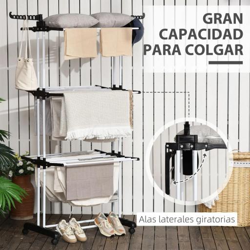 Tendedero de Ropa Plegable con Ruedas 3 Niveles con Alas Plegables y Colgadores 73x64x172 cm Negro y Blanco [2]