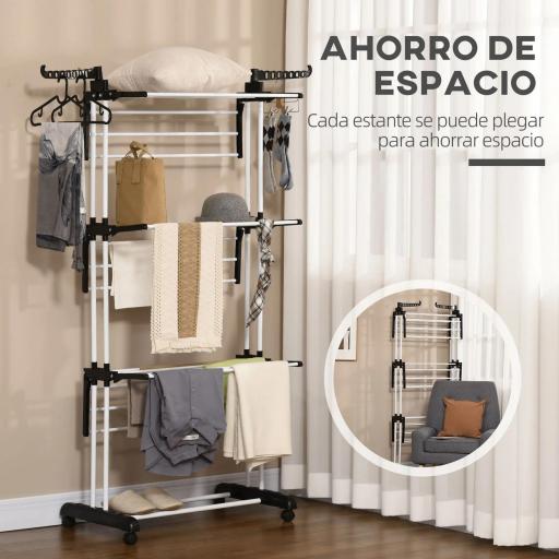 Tendedero de Ropa Plegable con Ruedas 3 Niveles con Alas Plegables y Colgadores 73x64x172 cm Negro y Blanco [3]