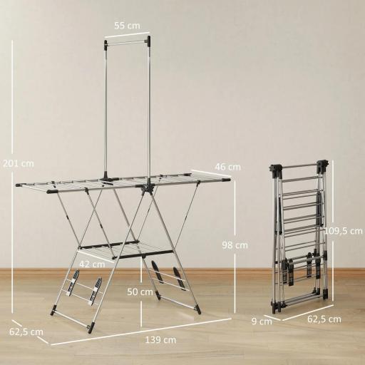 Tendedero Vertical Plegable con Alas Ajustables 4 Soportes para Calzado Barra y Estante 139x62,5x201 cm Plata [1]
