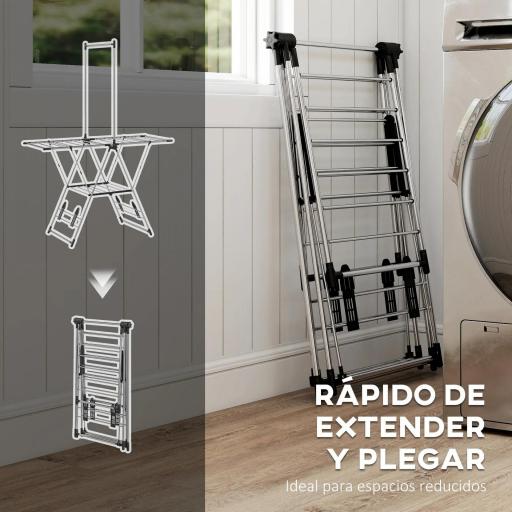 Tendedero Vertical Plegable con Alas Ajustables 4 Soportes para Calzado Barra y Estante 139x62,5x201 cm Plata [5]