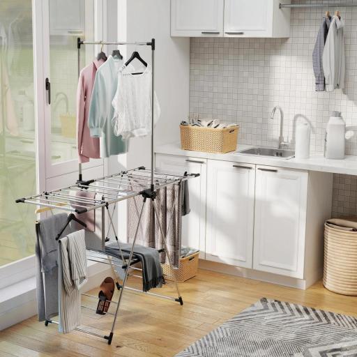 Tendedero Vertical Plegable con Alas Ajustables 4 Soportes para Calzado Barra y Estante 139x62,5x201 cm Plata [7]