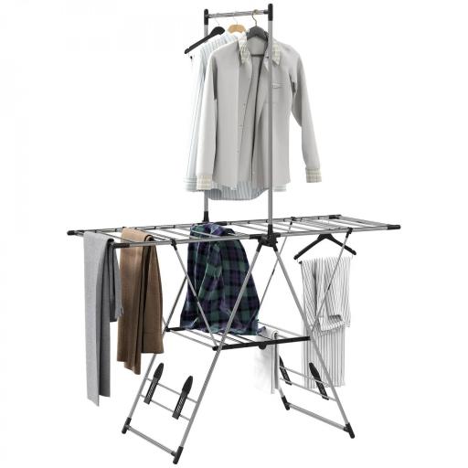 Tendedero Vertical Plegable con Alas Ajustables 4 Soportes para Calzado Barra y Estante 139x62,5x201 cm Plata [8]