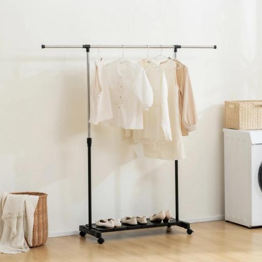 Tendedero Extensible con Ruedas con Barra de Acero Inoxidable y Estante para Zapatos 159x42x168 cm Negro y Plata
