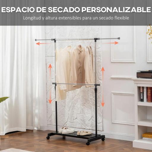 Tendedero Extensible con Ruedas con Barra de Acero Inoxidable y Estante para Zapatos 159x42x168 cm Negro y Plata [3]