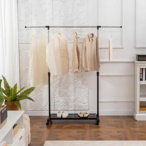 Tendedero Extensible con Ruedas con Barra de Acero Inoxidable y Estante para Zapatos 159x42x168 cm Negro y Plata [6]