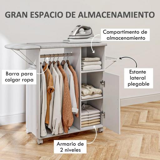 Mueble de Planchar con Ruedas Barra para Colgar Ropa Estante Abierto y Tablero Plegable 127x42,5x99 cm Blanco [3]