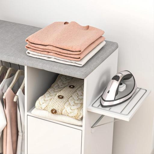 Mueble de Planchar con Ruedas Barra para Colgar Ropa Estante Abierto y Tablero Plegable 127x42,5x99 cm Blanco [7]