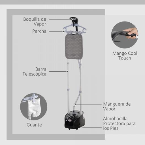 Plancha de Vapor Vertical 1950W 2 L con Temperatura Ajustable en 11 Niveles y Barra Telescópica Negro [5]