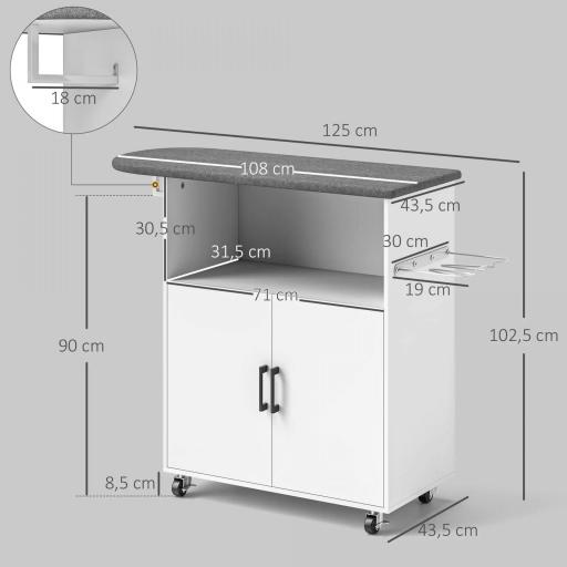 Mueble de Planchar con Ruedas Barra para Colgar Ropa Estante Abierto y Tabla de Planchar 125x43,5x102,5 cm Blanco [1]