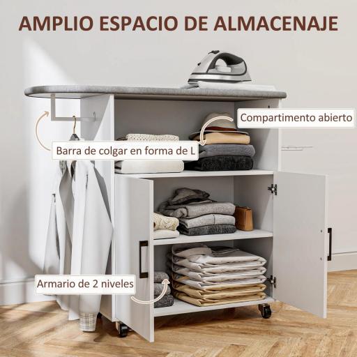 Mueble de Planchar con Ruedas Barra para Colgar Ropa Estante Abierto y Tabla de Planchar 125x43,5x102,5 cm Blanco [2]