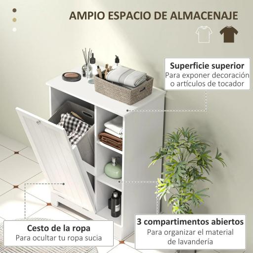 Mueble de Baño con Cesto Ropa Sucia Cesta Extraíble Estante Ajustable y Compartimentos para Baño 60x38x86 cm Blanco [2]