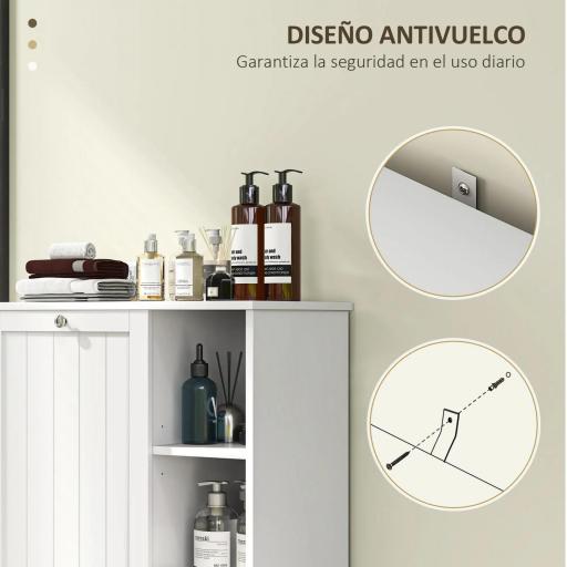 Mueble de Baño con Cesto Ropa Sucia Cesta Extraíble Estante Ajustable y Compartimentos para Baño 60x38x86 cm Blanco [5]