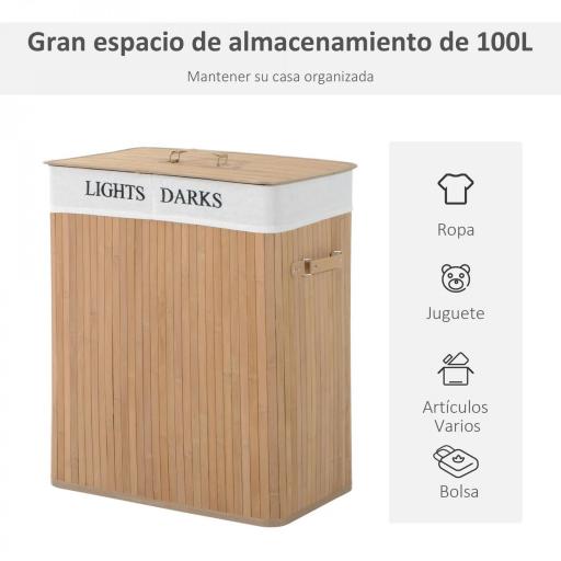 Cesta para Ropa Sucia de Bambú de Capacidad 100L con Tapa y Bolsa de Tela de 2 Compartimentos 52x32 x63 cm Bambú [5]