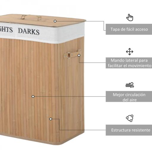 Cesta para Ropa Sucia de Bambú de Capacidad 100L con Tapa y Bolsa de Tela de 2 Compartimentos 52x32 x63 cm Bambú [3]