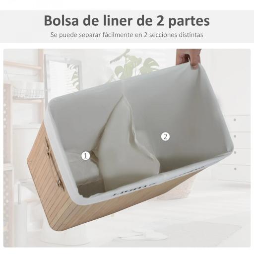 Cesta para Ropa Sucia de Bambú de Capacidad 100L con Tapa y Bolsa de Tela de 2 Compartimentos 52x32 x63 cm Bambú [4]