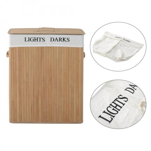 Cesta para Ropa Sucia de Bambú de Capacidad 100L con Tapa y Bolsa de Tela de 2 Compartimentos 52x32 x63 cm Bambú [6]
