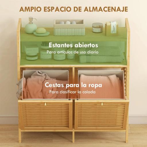 Mueble Ropa Sucia de Bambú 2 Bolsas de Ropa Extraíbles y Lavables con Asa 2 Estantes Abiertos 82x33x88 cm Natural [2]