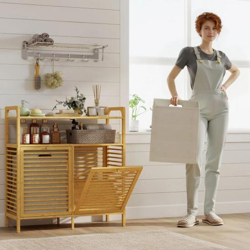 Mueble Ropa Sucia de Bambú 2 Bolsas de Ropa Extraíbles y Lavables con Asa 2 Estantes Abiertos 82x33x88 cm Natural [7]