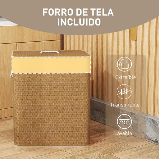 Cesto de Ropa Sucia de Bambú con 2 Compartimentos Asas para Facilitar el Uso y Bolsas Desmontables Lavables 52x32x63 cm [2]