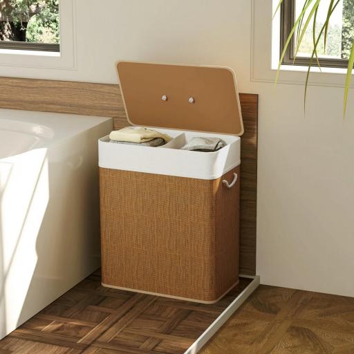 Cesto de Ropa Sucia de Bambú con 2 Compartimentos Asas para Facilitar el Uso y Bolsas Desmontables Lavables 52x32x63 cm [6]
