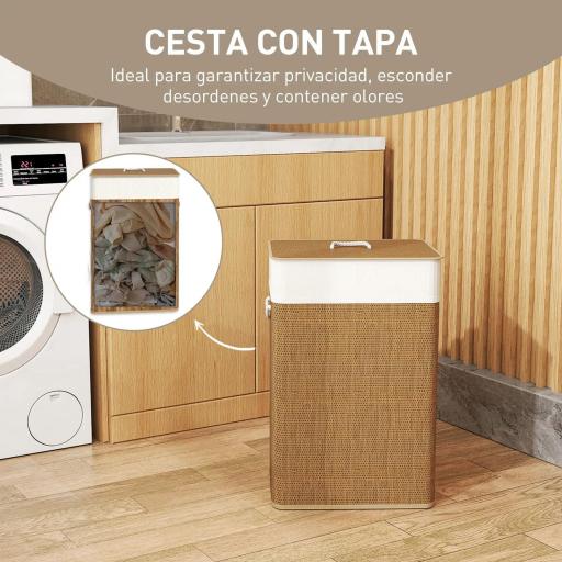 Cesto de Ropa Sucia con Tapa 72L Bolsa Interior Extraíble y Asas para Lavandería Dormitorio 40x30x60 cm Marrón [2]