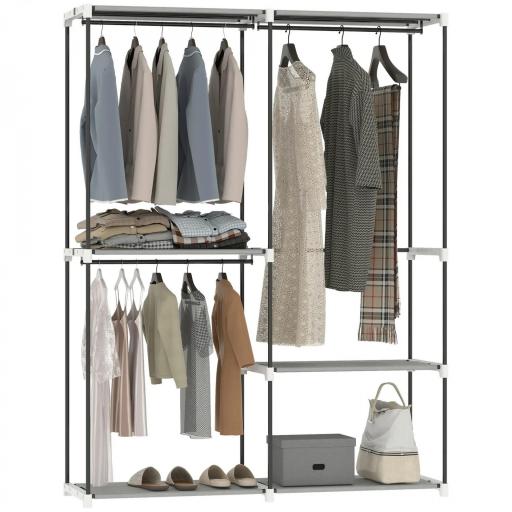 Armario de Ropa Armario Abierto con 4 Estantes de Tela 3 Barras para Colgar Marco de Metal 142x43x185 cm Gris Claro [3]