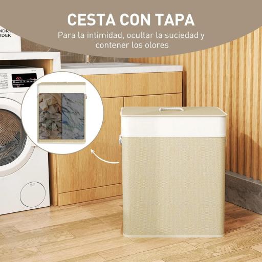 Cesto de Ropa Sucia de Bambú con 2 Compartimentos Asas para Facilitar el Uso y Bolsas Desmontables Lavables 52x32x63 cm [4]