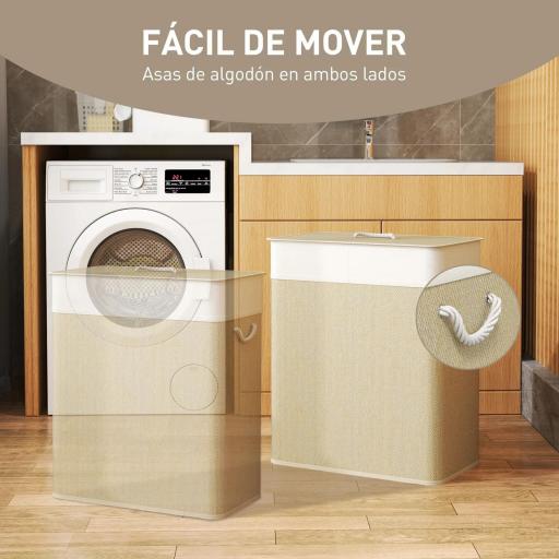 Cesto de Ropa Sucia de Bambú con 2 Compartimentos Asas para Facilitar el Uso y Bolsas Desmontables Lavables 52x32x63 cm [3]