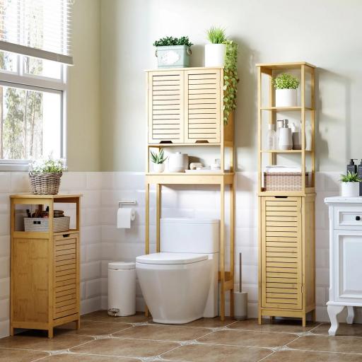 Mueble Auxiliar de Baño de Bambú Armario para Baño con 2 Estantes y 1 Cajón de Tela Extraíble Mueble de Almacenaje para Salón Cocina 40x30x86,5 cm Natural