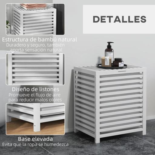 Cesta para la Colada de Bambú Capacidad de 55L Cesto para Ropa Sucia con 2 Asas y Bolsa Extraíble 50x36x60 cm Blanco [4]