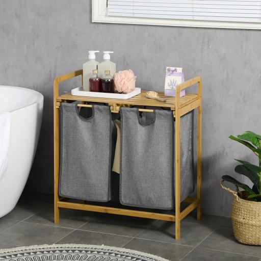 Cesto de Ropa Sucia de Bambú Cesto para la Colada con 2 Bolsas Extraíbles y Estante para Baño 63,5x33x73 cm Natural y Gris