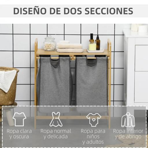 Cesto de Ropa Sucia de Bambú Cesto para la Colada con 2 Bolsas Extraíbles y Estante para Baño 63,5x33x73 cm Natural y Gris [3]