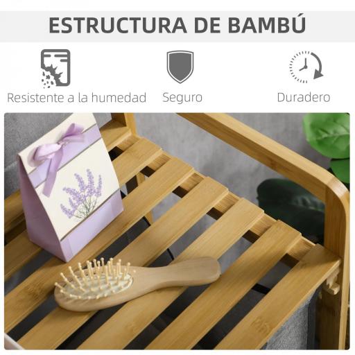 Cesto de Ropa Sucia de Bambú Cesto para la Colada con 2 Bolsas Extraíbles y Estante para Baño 63,5x33x73 cm Natural y Gris [4]
