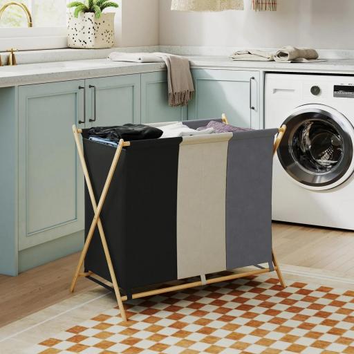 Cesto para Ropa Sucia Plegable con 3 Compartimentos Capacidad 129L con Marco de Bambú y Bolsas Extraíbles Multicolor [4]