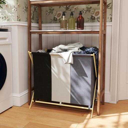 Cesto para Ropa Sucia Plegable con 3 Compartimentos Capacidad 129L con Marco de Bambú y Bolsas Extraíbles Multicolor [2]